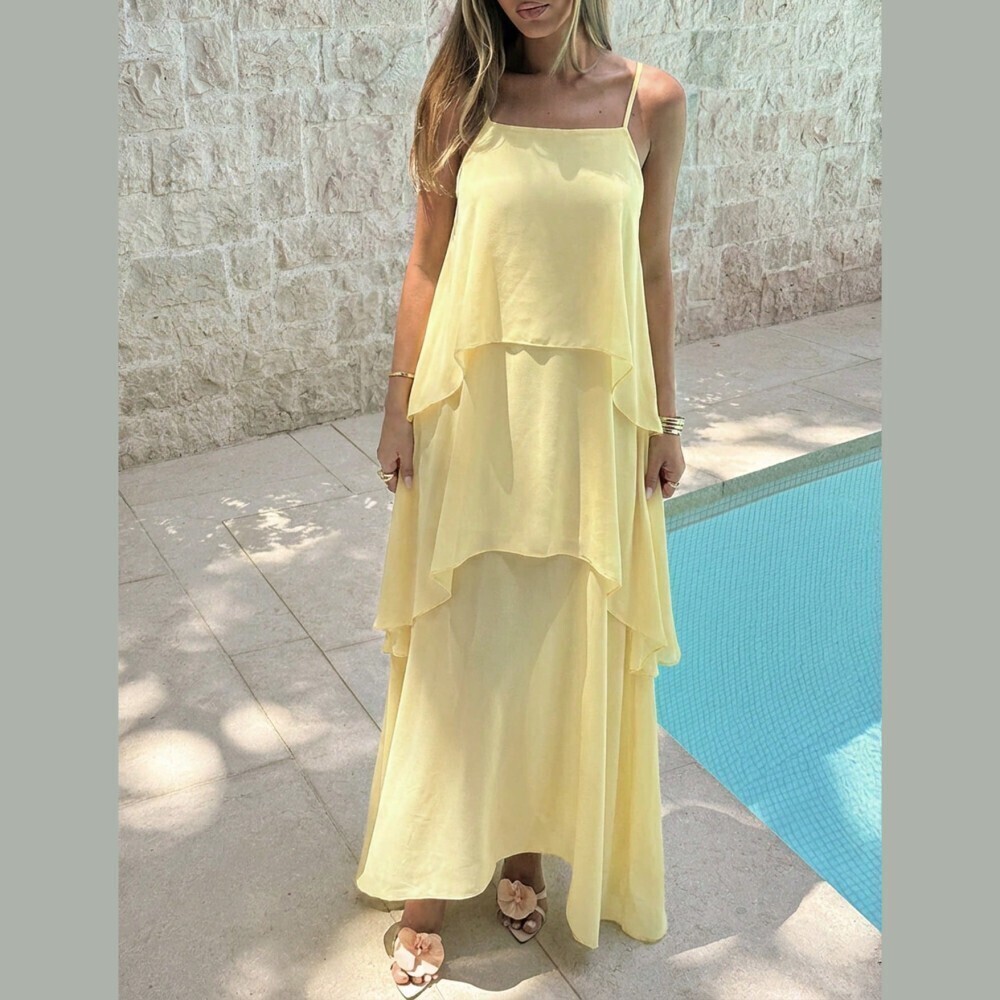 Pale Yellow Sheer Chiffon Tiered Spaghetti Strap Square Neck Maxi Dress